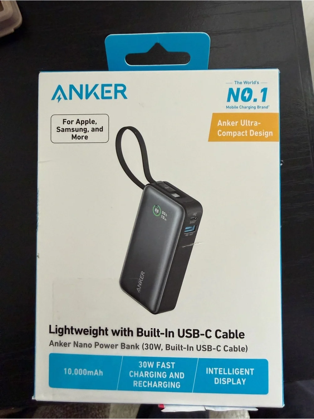 Anker Black Compact 10,000mAh Power Bank with Built-In USB-C. NEW